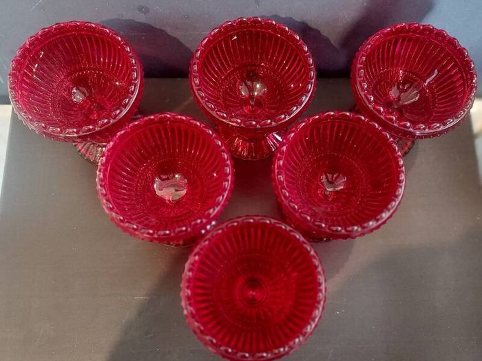 Fabulous Vintage Retro Set of Six Matching Red Sundae Glasses with a Relief Pattern Very Similar to the Very Popular Iittala Marimekko Maribowl Glasses in Cranberry - Perfect for Halloween