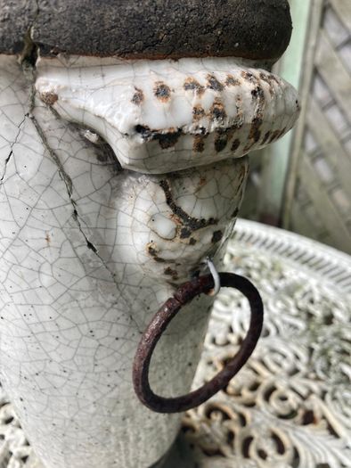 Antique French Stoneware and Enamel Pot