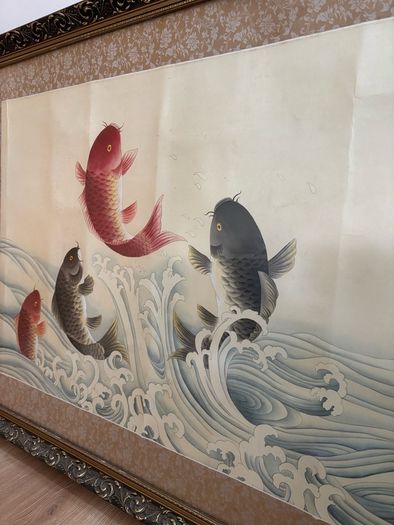 Very Large Vintage "The Carp Jumps Over the Dragon Gate" Painting on Silk
