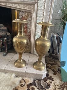 Pair of Vintage Ornate Engraved Brass Urn Vases
