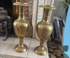 Pair of Vintage Ornate Engraved Brass Urn Vases