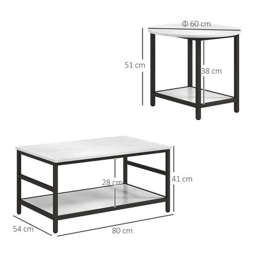Coffee table set, 2 side tables, marble-look, adjustable feet, steel, Black White