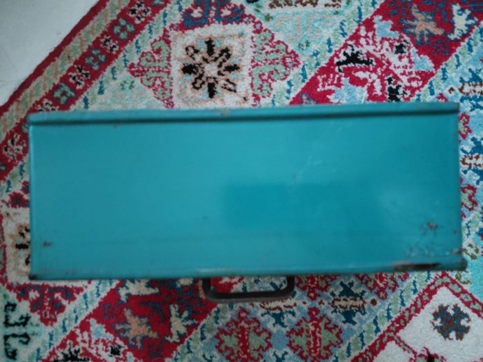 Vintage green metal cash box with key