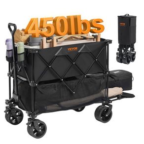 Foldable Double Decker Wagon, 400L Collapsible Wagon Cart with All-Terrain Wheels, Heavy Duty Folding Wagon Cart 225 lbs Weight Capacity for Camping, Shopping, Garden, 52" Extra Long Extender