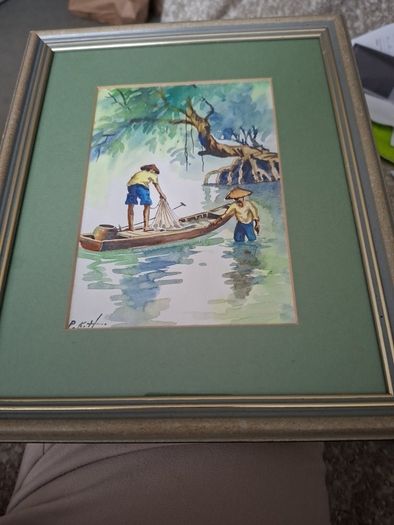 Watercour of Two Asian Figures on  Water 30cm x  25cm