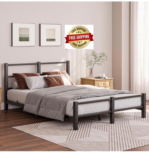 16cm Low Profile Double Bed Frame with Headboard, 4ft6 Metal Sturdy Steel Slat Support, Noise-Free 135x190cm Platform Mattress Base, No Box Spring Needed, Black