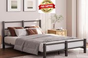16cm Low Profile Double Bed Frame with Headboard, 4ft6 Metal Sturdy Steel Slat Support, Noise-Free 135x190cm Platform Mattress Base, No Box Spring Needed, Black
