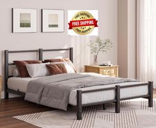 16cm Low Profile Double Bed Frame with Headboard, 4ft6 Metal Sturdy Steel Slat Support, Noise-Free 135x190cm Platform Mattress Base, No Box Spring Needed, Black