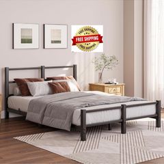 16cm Low Profile Double Bed Frame with Headboard, 4ft6 Metal Sturdy Steel Slat Support, Noise-Free 135x190cm Platform Mattress Base, No Box Spring Needed, Black