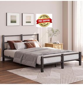16cm Low Profile Double Bed Frame with Headboard, 4ft6 Metal Sturdy Steel Slat Support, Noise-Free 135x190cm Platform Mattress Base, No Box Spring Needed, Black