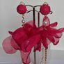 Fuchsia Pink Clip On Tassel Chain Crystal & Pearl Earrings Image 4