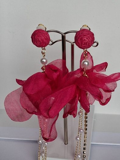 Fuchsia Pink Clip On Tassel Chain Crystal & Pearl Earrings