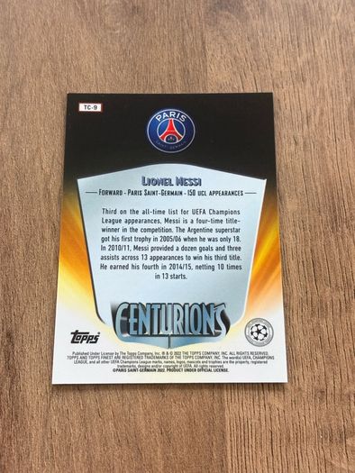Lionel Messi 2021 Topps Finest UEFA UCL 1998 Centurions #TC9 Case Hit Argentina