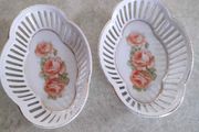 SET OF 2 Bavaria Schumann reticulated tray or dish hand painted floral pattern perfect dresser dish