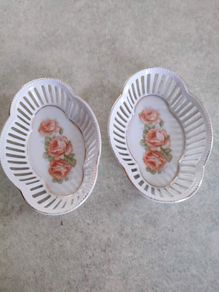 SET OF 2 Bavaria Schumann reticulated tray or dish hand painted floral pattern perfect dresser dish