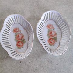 SET OF 2 Bavaria Schumann reticulated tray or dish hand painted floral pattern perfect dresser dish
