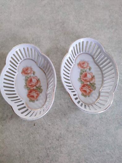 SET OF 2 Bavaria Schumann reticulated tray or dish hand painted floral pattern perfect dresser dish