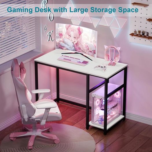 Computer Desk with 2-Tier Shelves 100cm Small Home Office Large Storage Space Sturdy Modern Gaming for Bedroom Study Writing Laptop Table White