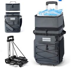 Leakproof Insulated Soft Rolling Cooler Bag with Stable All Terrain Cart and Handle Collapsible for Camping Beach Fishing Picnic with 6 Ice Cold Pack