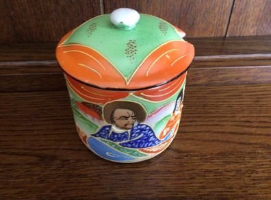 Vintage Handpainted Japanesse samari Ceramic lidded mustard / Jam pot