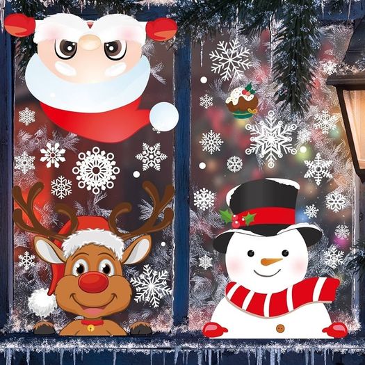 385 Pcs Christmas Window Stickers 10 Sheets Double-Sides Xmas Window Decorations/Santa Clings for Office Christmas Themed Party