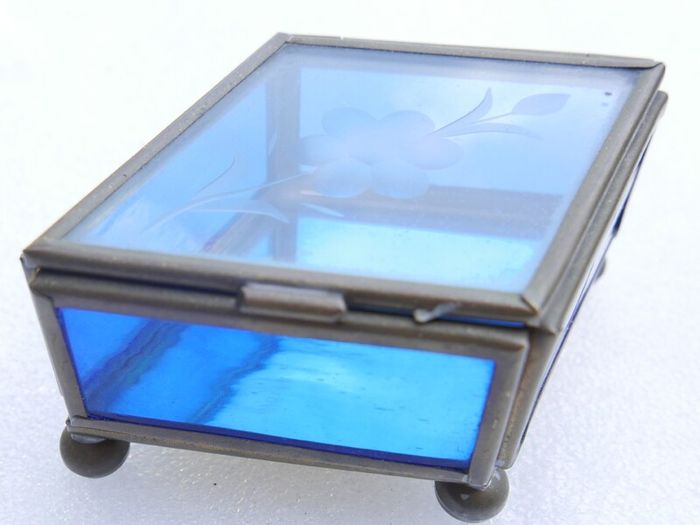 Vintage blue and clear etched flowers Brass trinket box , glass jewelry box