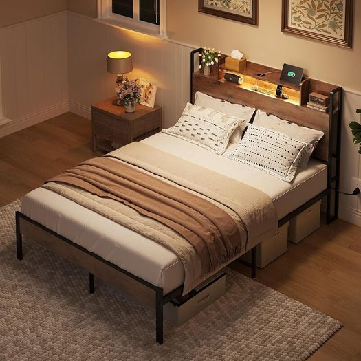 4ft6 Double Bed Frame with Storage Wooden Headboard | LED Light & Charging Station, Platform Metal Bed Frame Double with Underbed Storage
