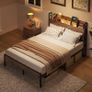 4ft6 Double Bed Frame with Storage Wooden Headboard | LED Light & Charging Station, Platform Metal Bed Frame Double with Underbed Storage Image 2