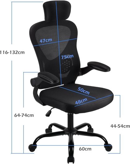 Adjustable headrest office chair, high-back ergonomic computer swivel seat with lumbar support, height adjustment, 360 rotation, tilt function, and 90 flip-up armrests for home office