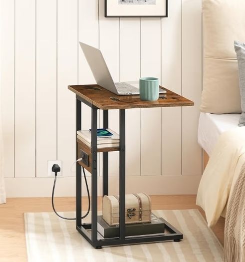 Bedside Table with Charging Station, C Shaped Side Table with Storage Shelf, Slim Sofa Table Small Tables Laptop Tables for Small Space, Rustic Brown and Black