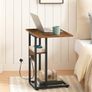 Bedside Table with Charging Station, C Shaped Side Table with Storage Shelf, Slim Sofa Table Small Tables Laptop Tables for Small Space, Rustic Brown and Black Image 3
