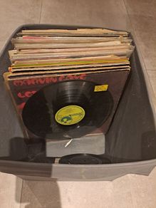 Box of Vinyl , mostly scratched , sleeves could be used for art project or decoraration