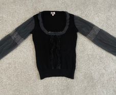 Whistles Black Cotton Angora Blend Top with Sheer Sleeves & Silk Trim - Size 1 (UK 8/10)