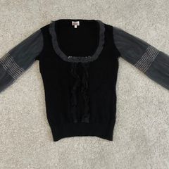 Whistles Black Cotton Angora Blend Top with Sheer Sleeves & Silk Trim - Size 1 (UK 8/10)