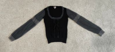 Whistles Black Cotton Angora Blend Top with Sheer Sleeves & Silk Trim - Size 1 (UK 8/10)