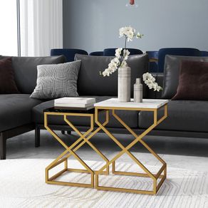 Set of 2 Marble-Effect Nesting Tables, Modern Space-Saving Side Tables for Living Room & Bedroom
