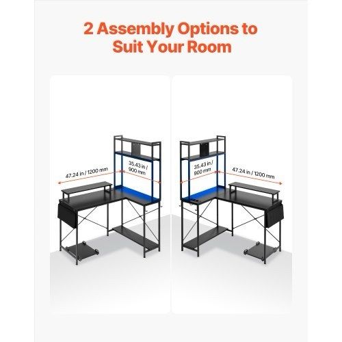 L-Shaped Gaming Desk with LED Lights, 1.2m Reversible Corner Computer Desk with Monitor Stand, Power Outlets, Movable CPU Stand & Shelf, Modern Stylish PC Gaming Table for Home Office