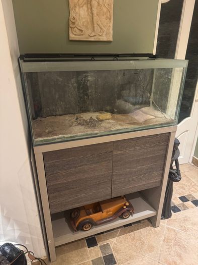 Large glass tank with matching storage cabinet stand