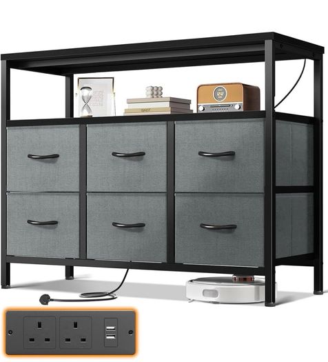 Chest of Drawers Bedroom with 6 Drawers, Fabric Storage Drawers with 2 USB and 2 Sockets