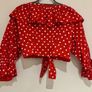 Red Polka Dot Cropped Tie-Front Top with Ruffle Detail Image 2