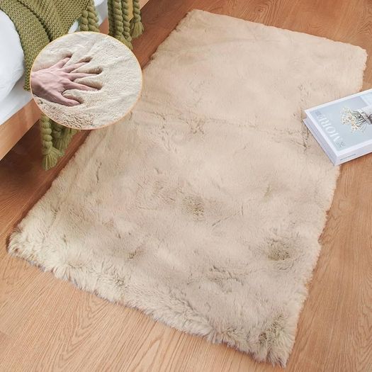 Beige Bedroom Rug, Washable, Fluffy, 60 x 90 cm, Fur Rug, Faux Fur, Living Room, Children's Room, Soft, Small, Decorative Rectangular