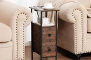 Slim Bedside Table with Charging Station, Narrow Side Table with 2 Fabric Drawers, Small End Table with Open Storage Shelf, Nightstand for Small Spaces, Living Room, Brown