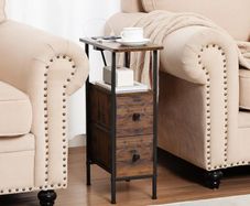 Slim Bedside Table with Charging Station, Narrow Side Table with 2 Fabric Drawers, Small End Table with Open Storage Shelf, Nightstand for Small Spaces, Living Room, Brown