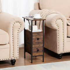Slim Bedside Table with Charging Station, Narrow Side Table with 2 Fabric Drawers, Small End Table with Open Storage Shelf, Nightstand for Small Spaces, Living Room, Brown