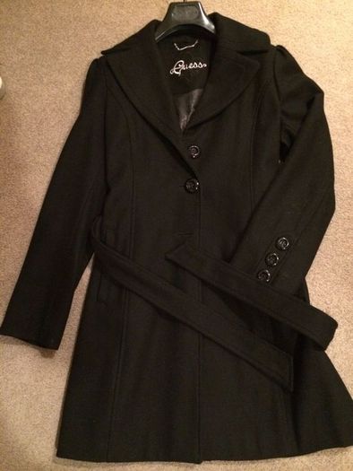 Guess Black Winter Wool Long Black Coat size Large uk14