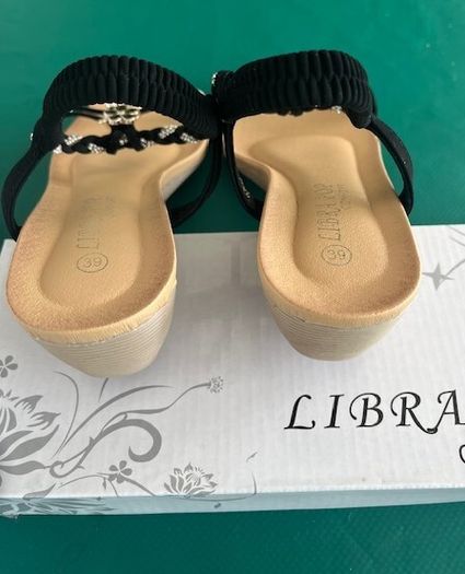 SANDALS. Libra Pop brand- Embellished With Black, Gold & Silver charms. Ultra Comfortable. Size Uk 6 Eu 39 Purchased In Toulouse. Brand New In Box.