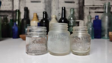 378 - Set of 3 Vintage Collectible Decorative Clear Glass Chesebrough Vaseline Jars