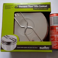 Summit Stainless Steel Tiffin Cookset 6pc Set with Handle Army Camping Hiking Fishing Hunting Travel Backpacking Picnic Cooking Cookware Outdoor