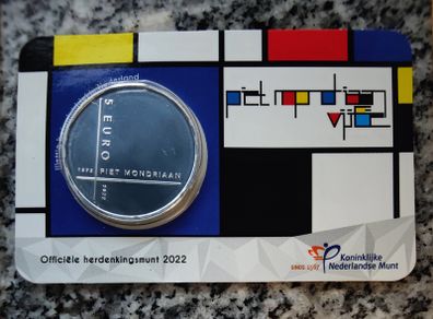 Netherlands 5 Euro Base Metals (Silver Plated) Uncirculated Coin 2022 - Piet Mondriaan - Dutch Coincard Catalogue