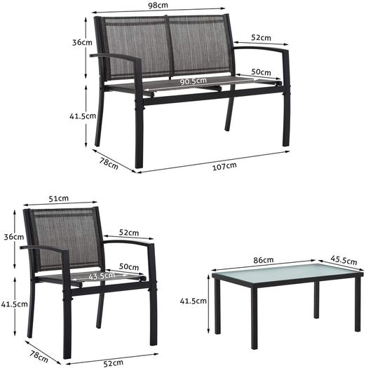 Garden furniture set of 4, seating group in the garden and balcony, garden set with three chairs and a glass table (black)